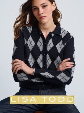 Lisa Todd Diamond Dip argyle cardigan sweater, M,CB2622